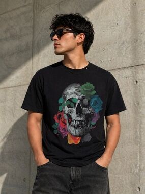 Guess Black Short Sleeve Tee with Colorful Skull & Floral Graphic